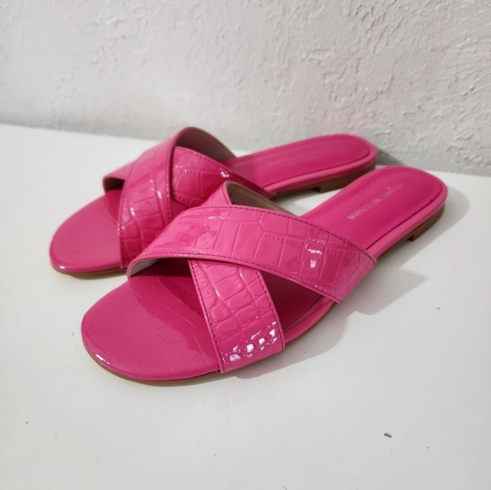 Stuart Weitzman Roza Criss Cross Leather Pink Slip On Sandal Shoes Womens Sz 5.5